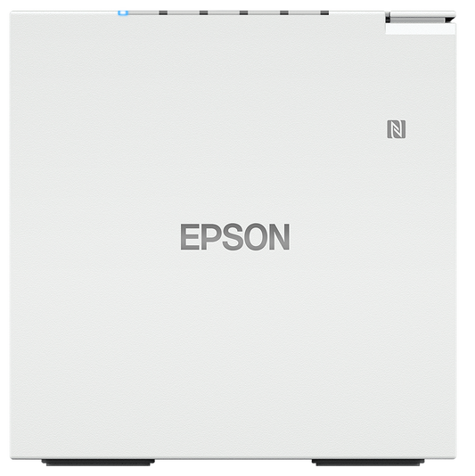 Epson TM-m50II compact POS receipt printer, white, serial + USB + Ethernet, UK plug (C31CK52101A0) – top front view