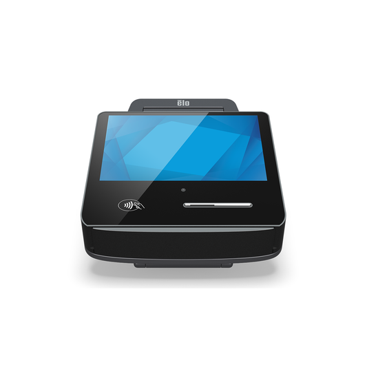 Elo Pay 7 in printer stand with integrated 58 mm receipt printer, front view