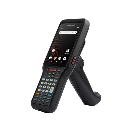 Honeywell CK62 rugged Android mobile computer, 38-key numeric keypad, standard range 2D imager, 5G + Wi-Fi (CK62-X10-57S1BCG) – angled view with scan handle