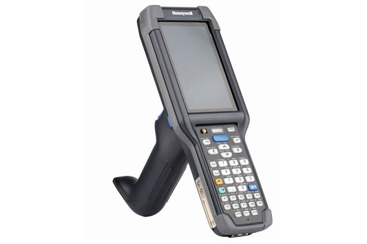 Honeywell CK65 rugged Android mobile computer, 38-key numeric-function keypad, long range FlexRange 2D imager, Wi-Fi only (CK65-L0N-DLC210E) – angled view with scan handle