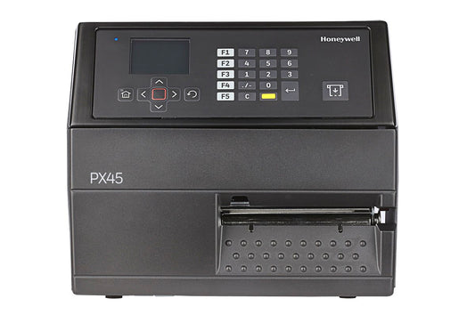 Honeywell PX45 industrial label printer, LCD display with keypad, tear bar, parallel port, 406 dpi, thermal transfer (PX45A00010000400) – front view