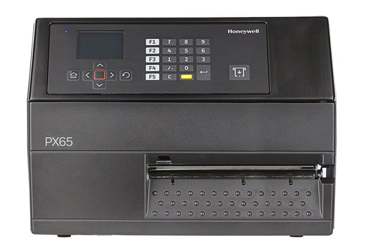 Honeywell PX65 industrial label printer, LCD display with keypad, tear bar, UHF RFID, 300 dpi, thermal transfer (PX65A00EU0000300) – front view