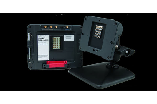Honeywell Thor VM1A 8" Android vehicle-mount computer with integrated QWERTY keypad, cold storage, resistive touch (VM1A-L0N-1A2B20E) – back view with vehicle dock