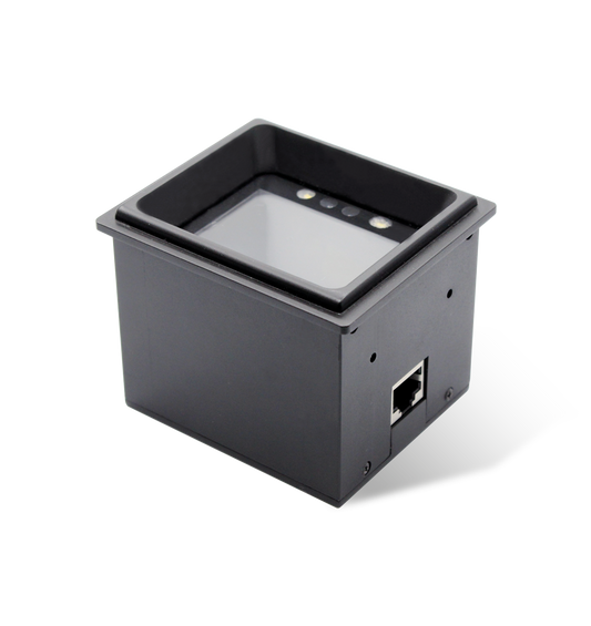 Newland FM3051 Grouper fixed-mount 2D scanner, RS-232 kit with power adapter (NLS-FM3051-28) – 3/4 view of the recessed scan window