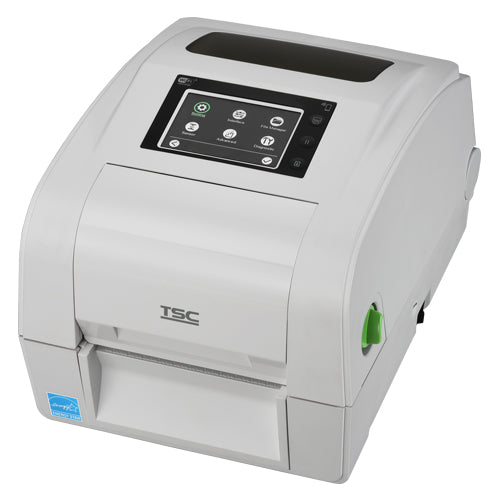 TSC TH240RHC 4-inch healthcare desktop UHF RFID label printer, 203 dpi, touch display, peeler, white (TH240RHC-A001-0012) – angled view