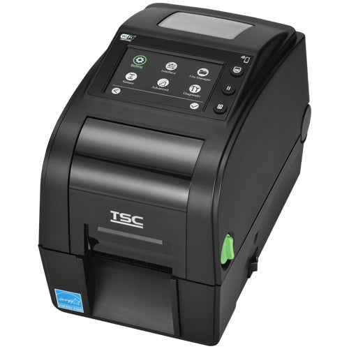 TSC TH220T 2-inch desktop thermal transfer label printer, 203 dpi, touch display, black (TH220-A001-0002) – front 3/4 view, colour touch display