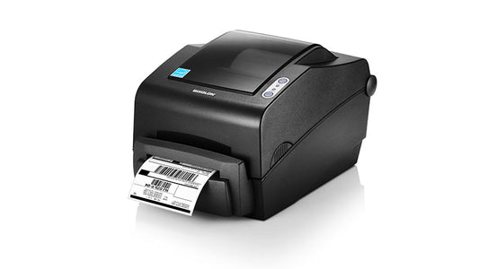 BIXOLON SLP-TX403 4-inch thermal transfer desktop label printer, dark grey (SLP-TX403EG/BEG) – front view with label