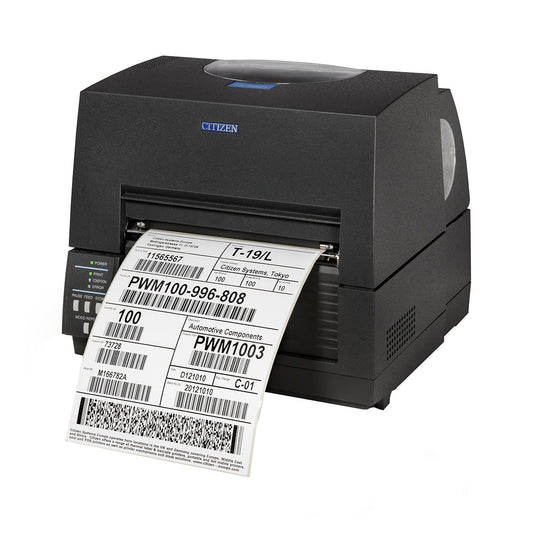 Citizen CL-S6621XL 6-inch thermal transfer desktop label printer with 8-inch external roll holder, 203 dpi, USB and RS-232, black (1000859) – front view
