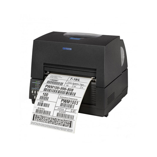 Citizen CL-S6621 6-inch thermal transfer desktop label printer, 203 dpi, USB and RS-232, black (1000836) – printing a label