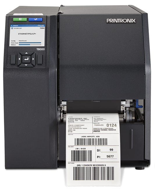 Printronix Auto ID T8304 industrial label printer, 4-inch, tear-off, 300 dpi, thermal transfer (T83X4-2120-0) – front view