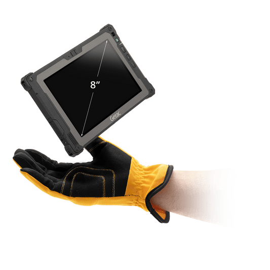Getac ZX80W 8" rugged Windows tablet, internal battery with bay cover (Z8A7WXWB17XX) – angled view in gloved hand