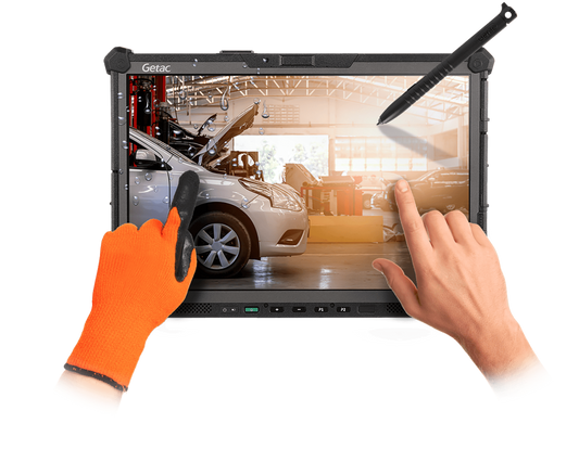 Getac G140 14" rugged tablet with HF RFID / NFC reader (GX2764WI1BSX) – in use with stylus