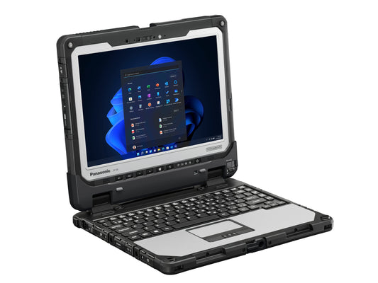 Panasonic TOUGHBOOK 33 mk4 fully rugged 12-inch 2-in-1 tablet with detachable Belgian (AZERTY) keyboard (CF-339Z01AB4) – angled view in laptop mode
