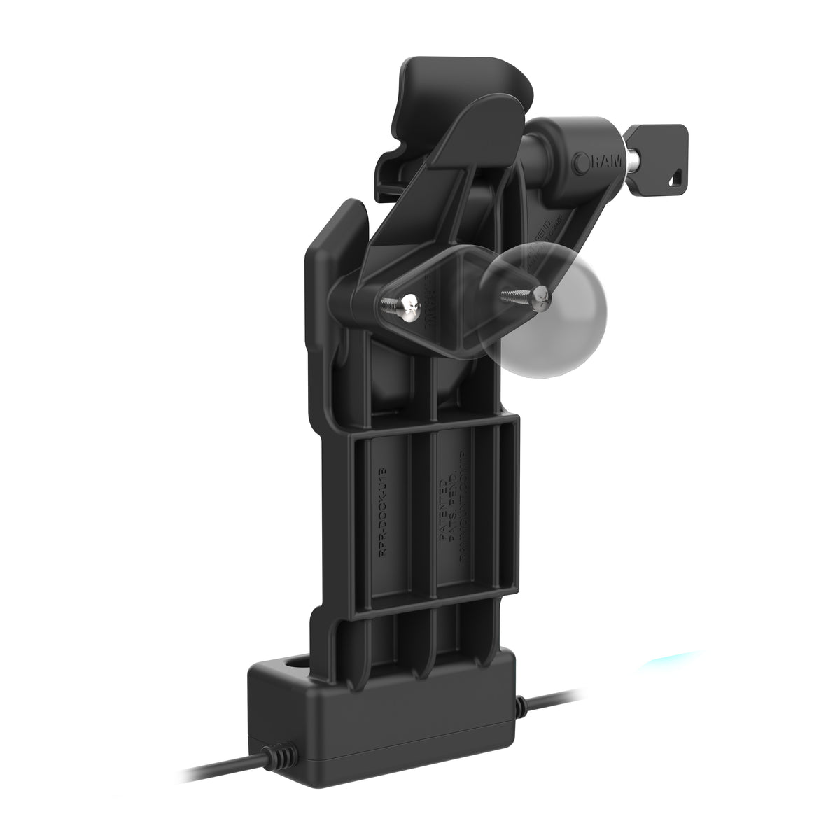 RAM Mounts GDS Uni-Conn left-locking tablet dock + dual USB-A with release lever – another angle