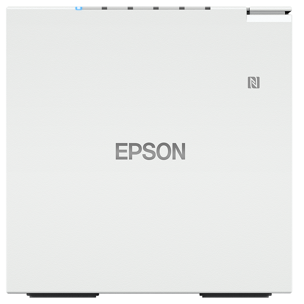 Epson TM-m50II compact POS receipt printer, white, serial + USB + Ethernet, UK plug (C31CK52101A0) – top front view