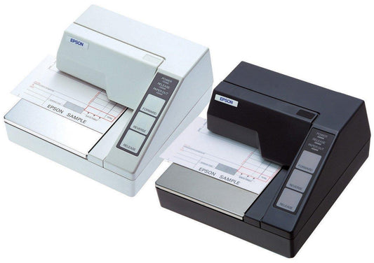 Epson TM-U295 impact dot matrix slip printer, dark grey, serial (C31C163292) – shown next to the white version