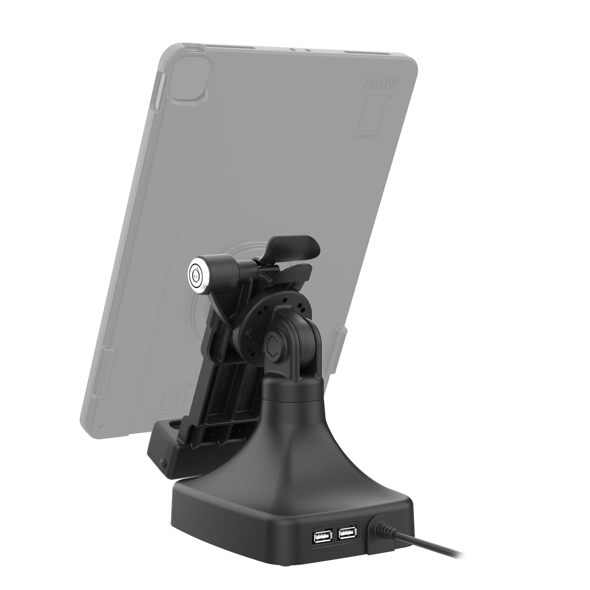 RAM Mounts GDS key-locking tilt and swivel dock with USB-C and two USB-A ports for IntelliSkin tablets with Uni-Conn adapter – detail photo