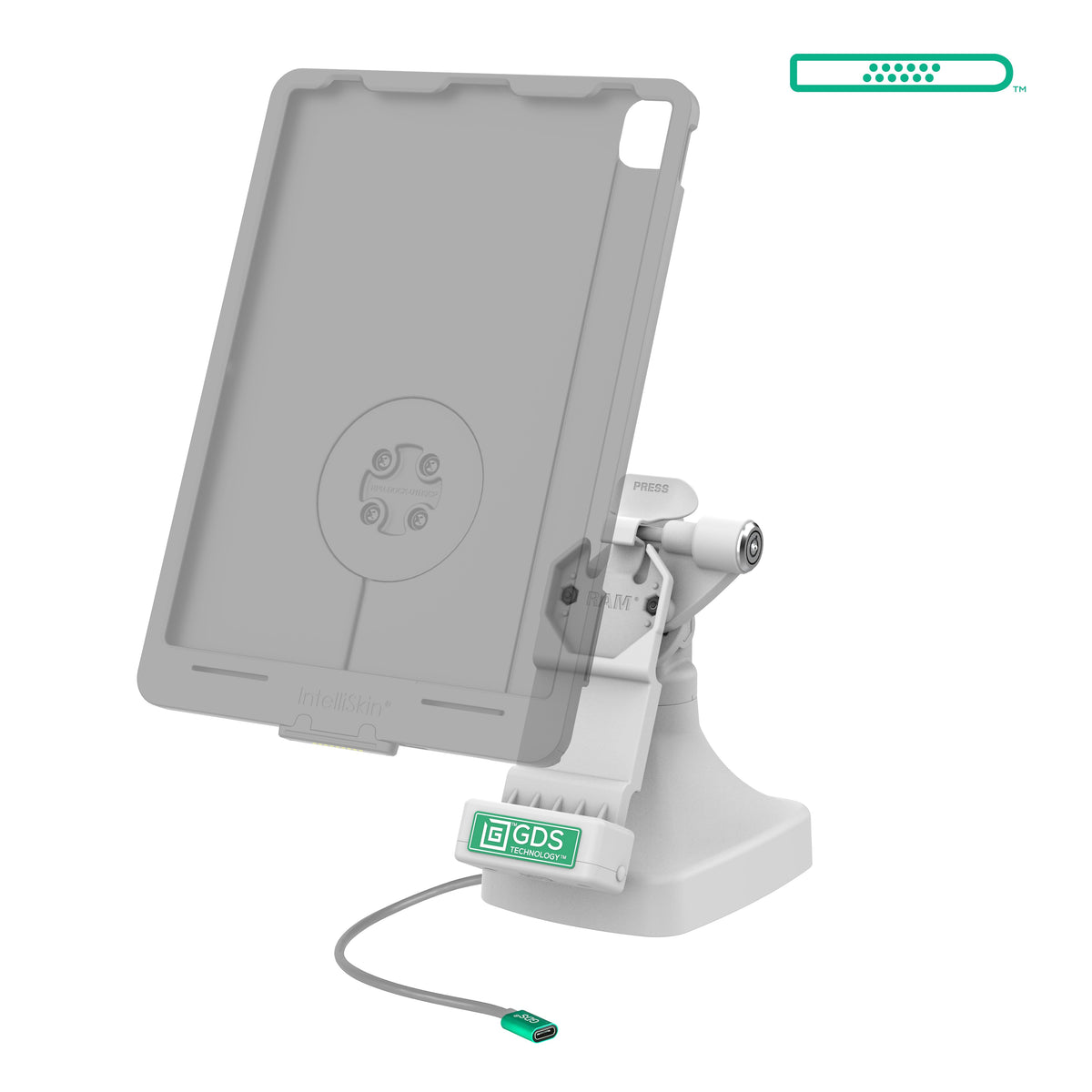 RAM Mounts GDS key-locking tilt and swivel dock with USB-C for IntelliSkin tablets with Uni-Conn adapter in grey – alternative view