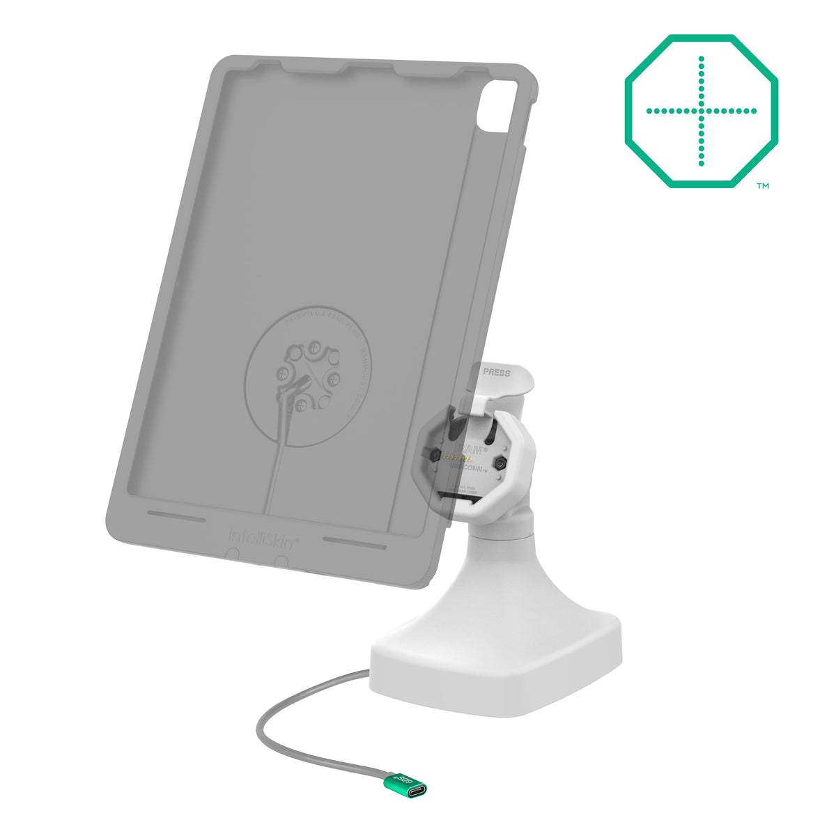 RAM Mounts GDS tilt and swivel dock with USB-C and two USB-A ports for IntelliSkin Thin-Case tablets with rear pogo pads in grey – alternative view
