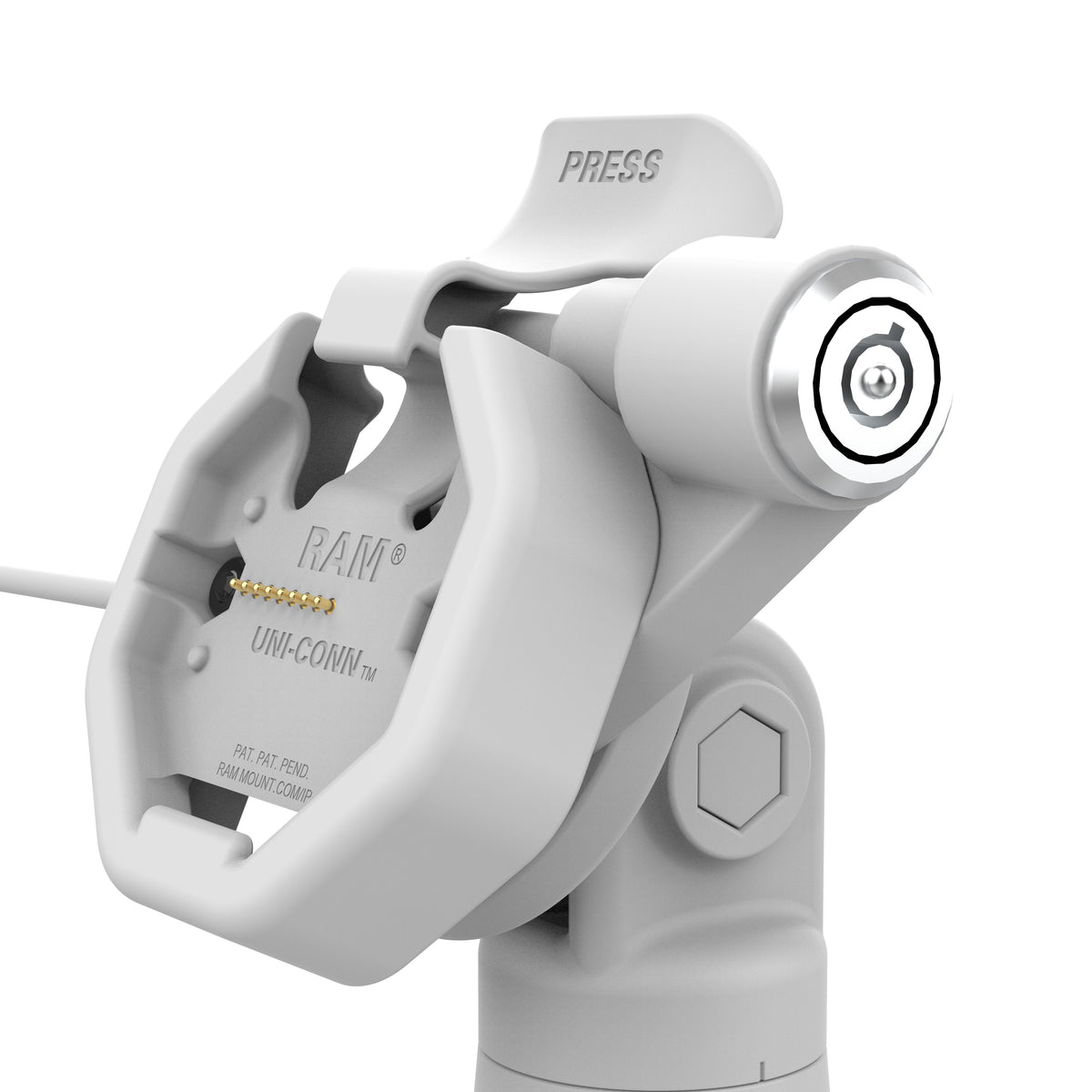 RAM Mounts GDS key-locking tilt and swivel dock with USB-C and two USB-A ports for IntelliSkin Thin-Case tablets with rear pogo pads in grey – further product photo