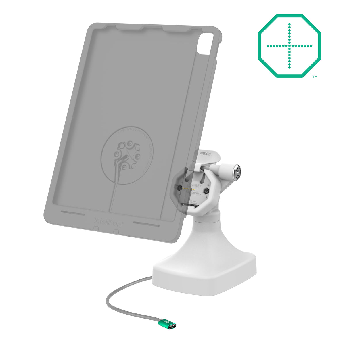 RAM Mounts GDS key-locking tilt and swivel dock with USB-C for IntelliSkin Thin-Case tablets with rear pogo pads in grey – alternative view