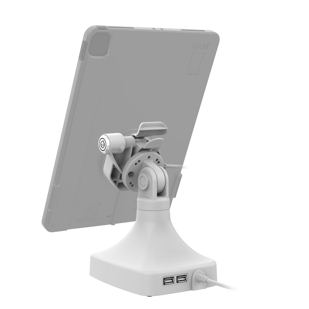 RAM Mounts GDS key-locking tilt and swivel dock with PoE and two USB-A ports for IntelliSkin Thin-Case tablets with rear pogo pads in grey – detail photo