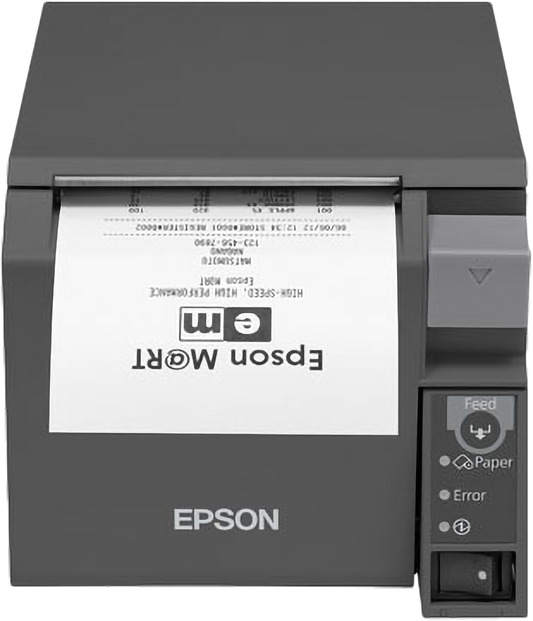 Epson TM-T70II front-loading POS receipt printer, black, serial + USB (C31CD38025A0) – front view with printed receipt