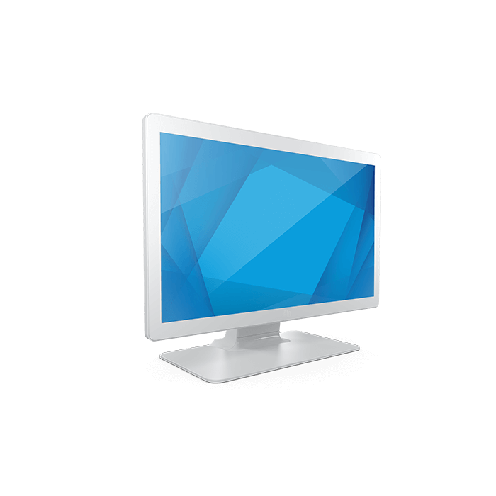 Elo 2403LM 23.8" medical touch monitor, white, with stand – angled view