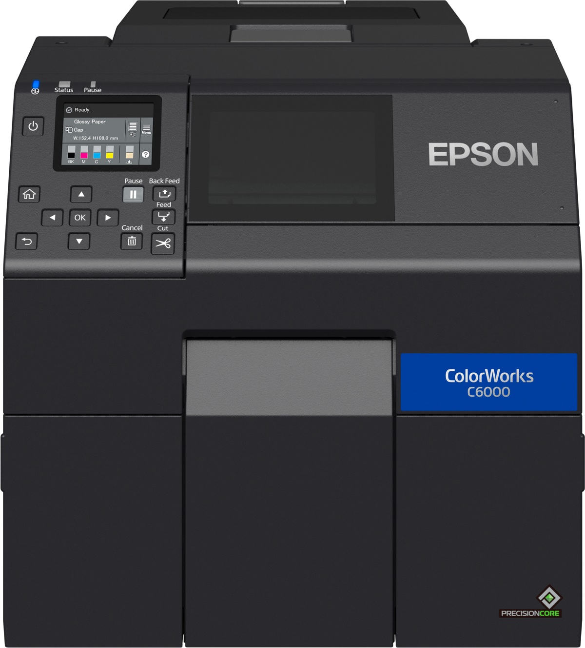 Epson ColorWorks C6000Ae colour label printer, 4-inch, auto cutter, gloss black ink, 1200 x 1200 dpi, inkjet (C31CH76102) – front view