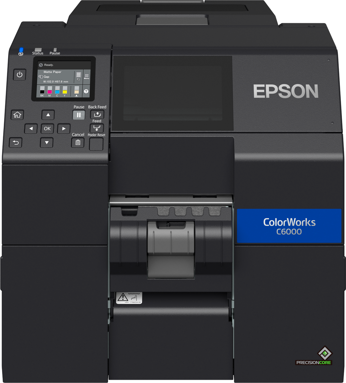 Epson ColorWorks C6000Pe colour label printer, 4-inch, peel-and-present, matte black ink, 1200 x 1200 dpi, inkjet (C31CH76202MK) – front view with peeler