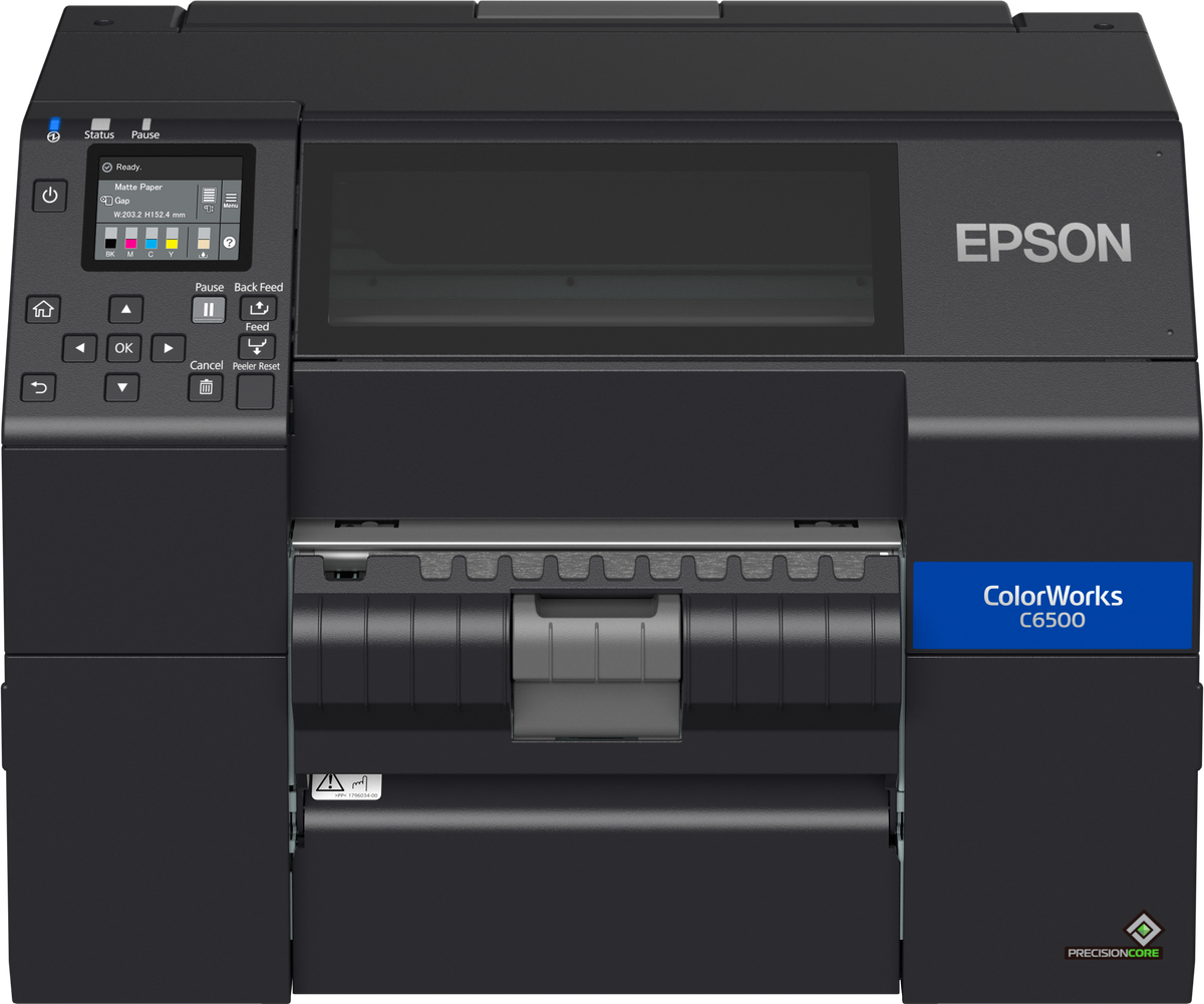 Epson ColorWorks C6500Pe colour label printer, 8-inch, peel-and-present, matte black ink, 1200 x 1200 dpi, inkjet (C31CH77202MK) – front view with peeler