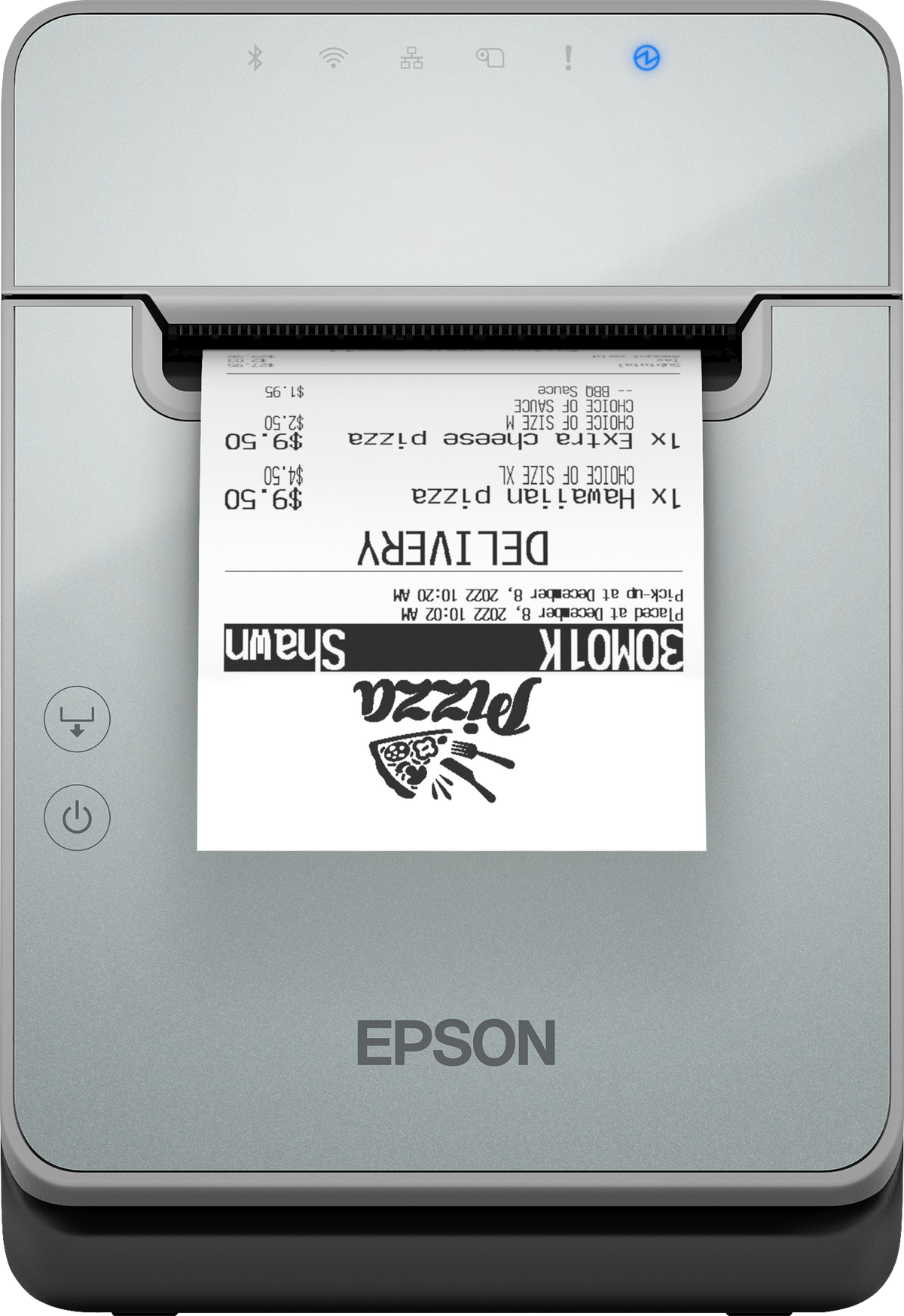 Epson TM-L100 liner-free label and receipt printer, black, USB + Ethernet + Bluetooth, UK plug (C31CJ52121A0) – front view with printed label