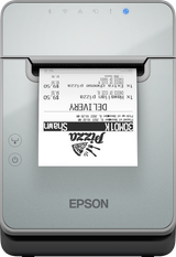Epson TM-L100 liner-free label and receipt printer, black, USB + Ethernet + serial (C31CJ52103) – front view with printed label