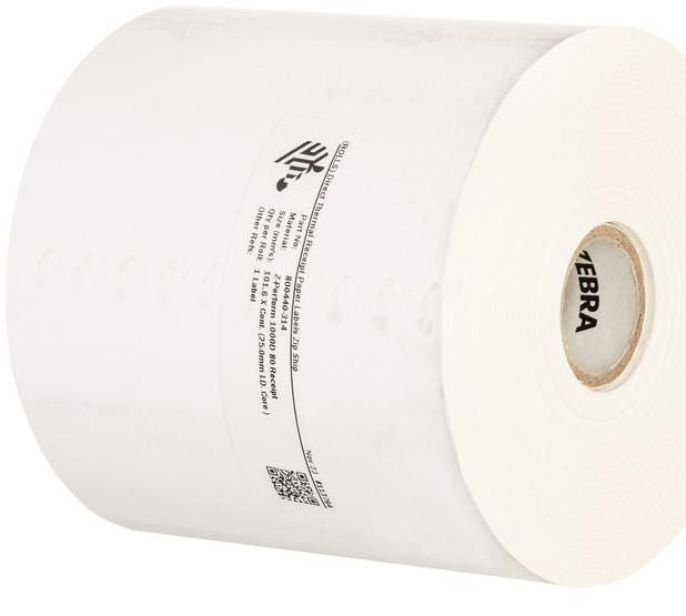 Standard thermal paper rolls, Zebra, Z-Perform 1000D 80 Receipt, Thermal Paper, 101.6 mm, 127 mm, 25.4 mm, White (800440-314)