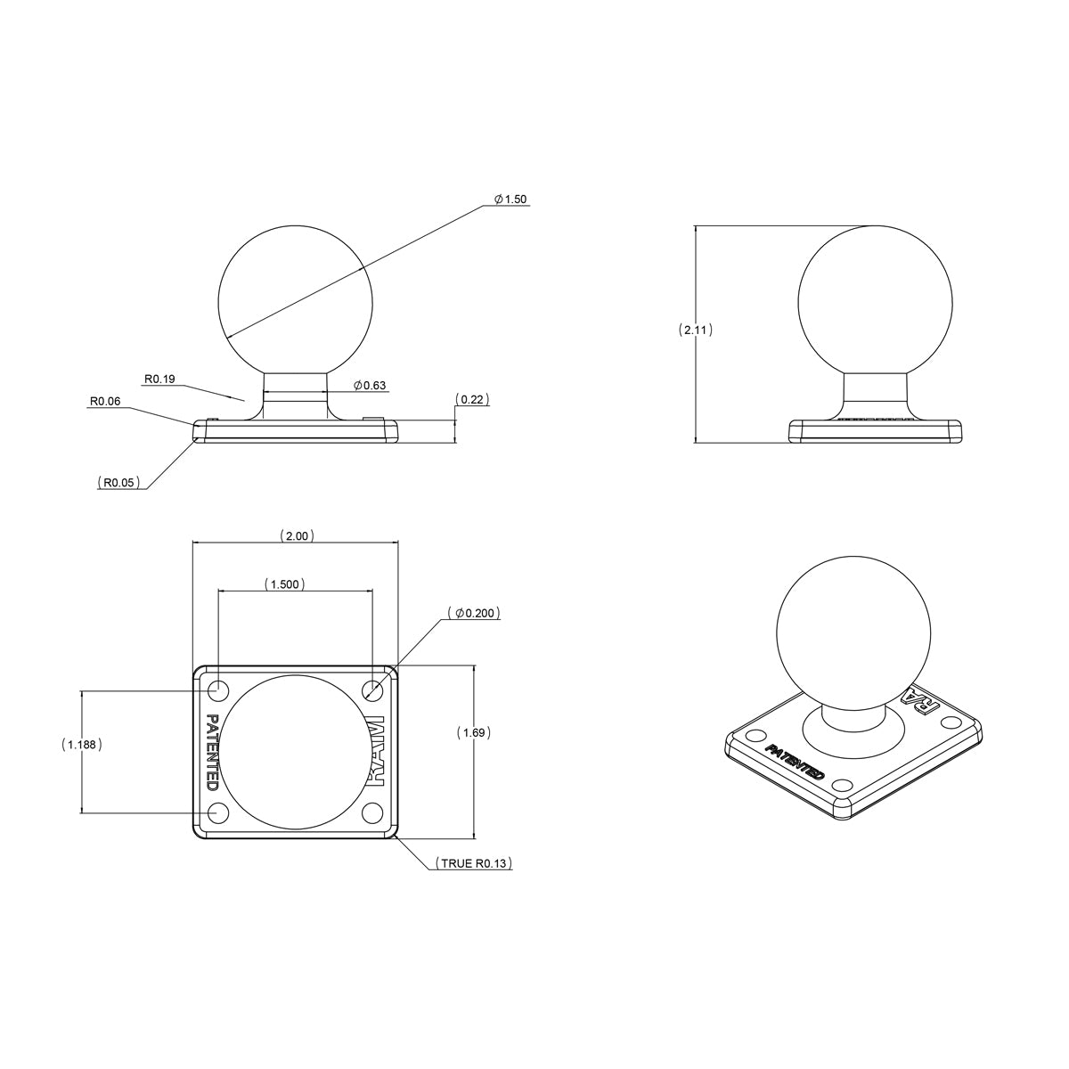 RAM Mounts C-size ball adapter with rectangular AMPS plate – another view