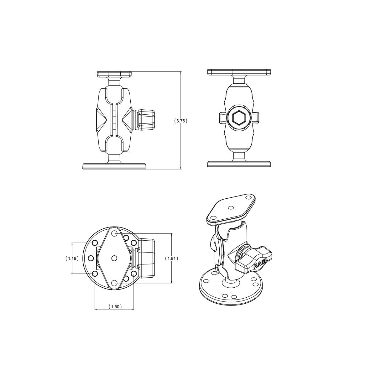RAM Mounts B-size double ball drill-down mount with diamond plate, short arm (RAM-B-138U-A) – another angle