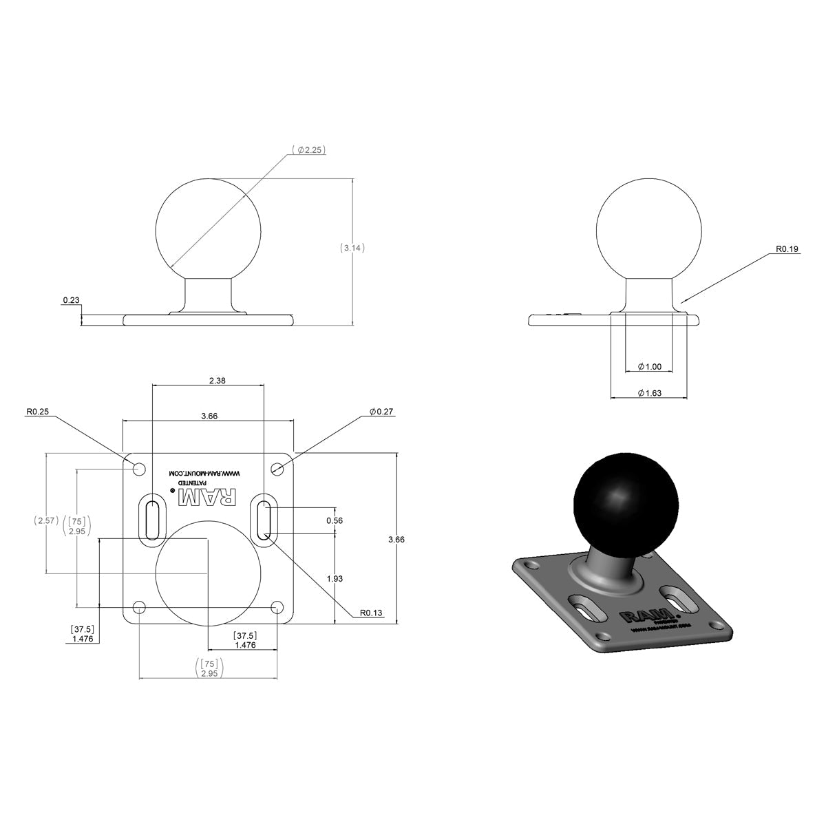 RAM Mounts D-size VESA 75 x 75 mm ball plate – alternative view