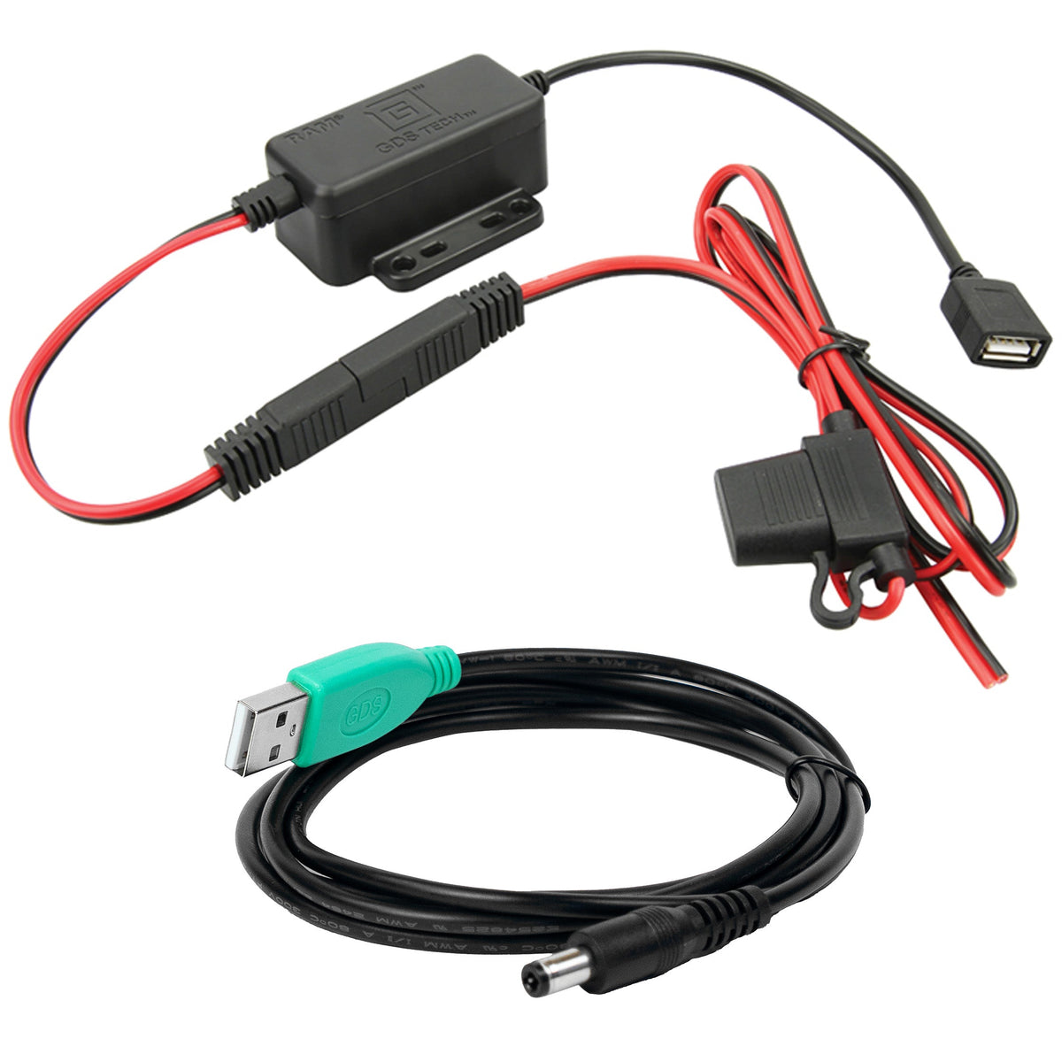 RAM Mounts GDS modular 30–64 V hardwire charger with USB-A port and USB-A to DC cable – main product photo