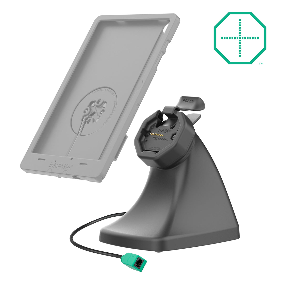 RAM Mounts GDS Uni-Conn snap-in kiosk dock with PoE for IntelliSkin Thin-Case tablets – alternative view
