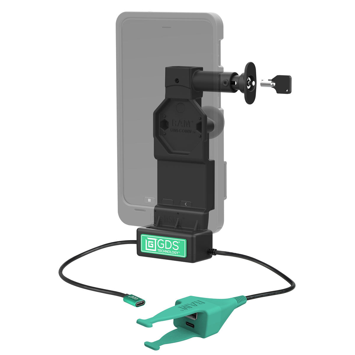 RAM Mounts GDS Uni-Conn locking tablet dock + USB-A & USB-C with release button – alternative view