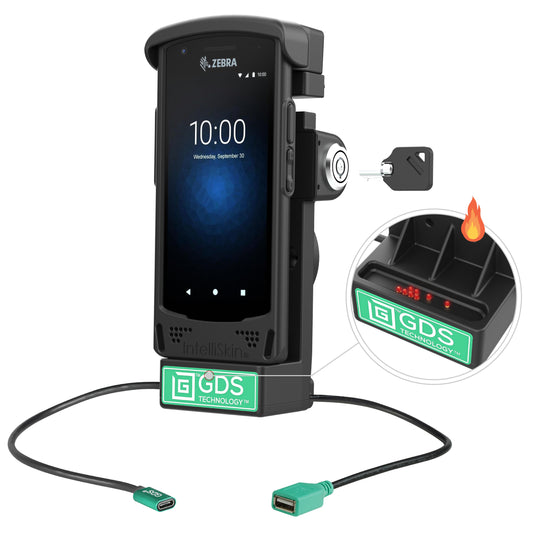 RAM Mounts GDS key-locking powered dock with USB-A and heated pins for Zebra EC50 and EC55 in IntelliSkin – main view