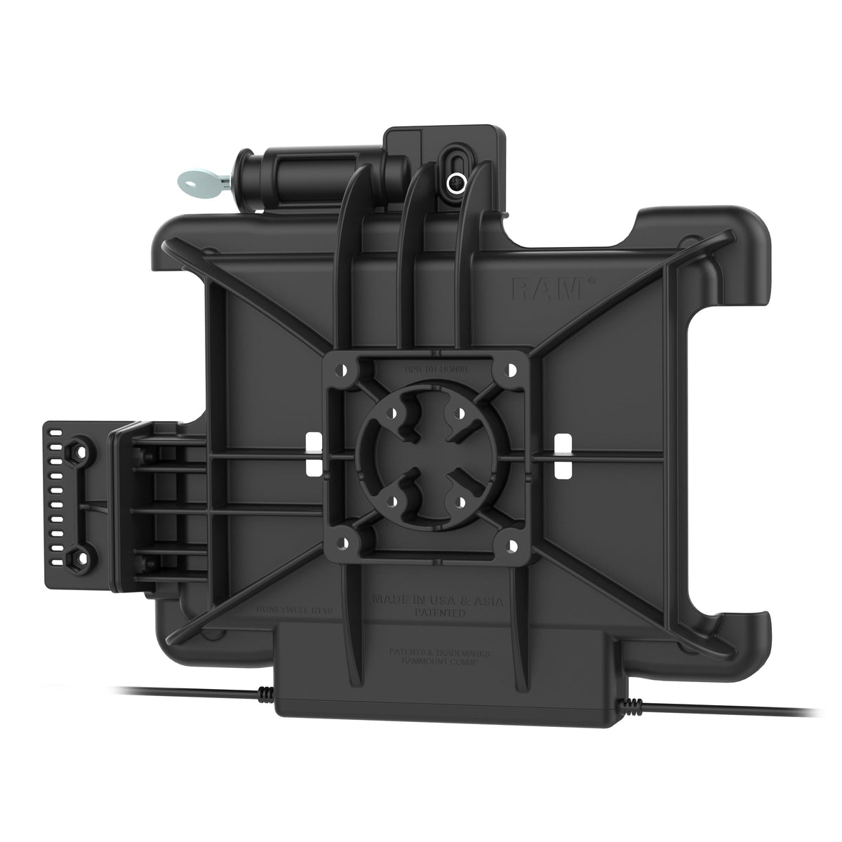 RAM Mounts key-locking power + dual USB dock for Honeywell RT10 rugged tablet – another angle