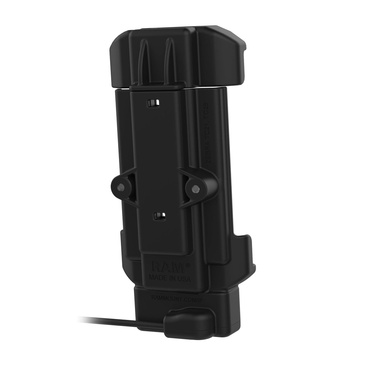 RAM Mounts spring-loaded Form-Fit powered dock with USB-A cable for Zebra TC21 and TC26 – another angle