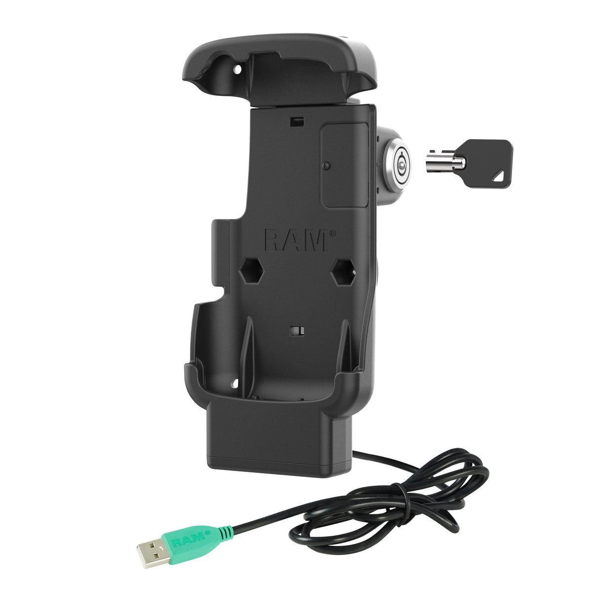 RAM Mounts key-locking form-fit powered USB-A dock for Zebra TC22, TC27 and TC201 with protective boot – alternate angle view