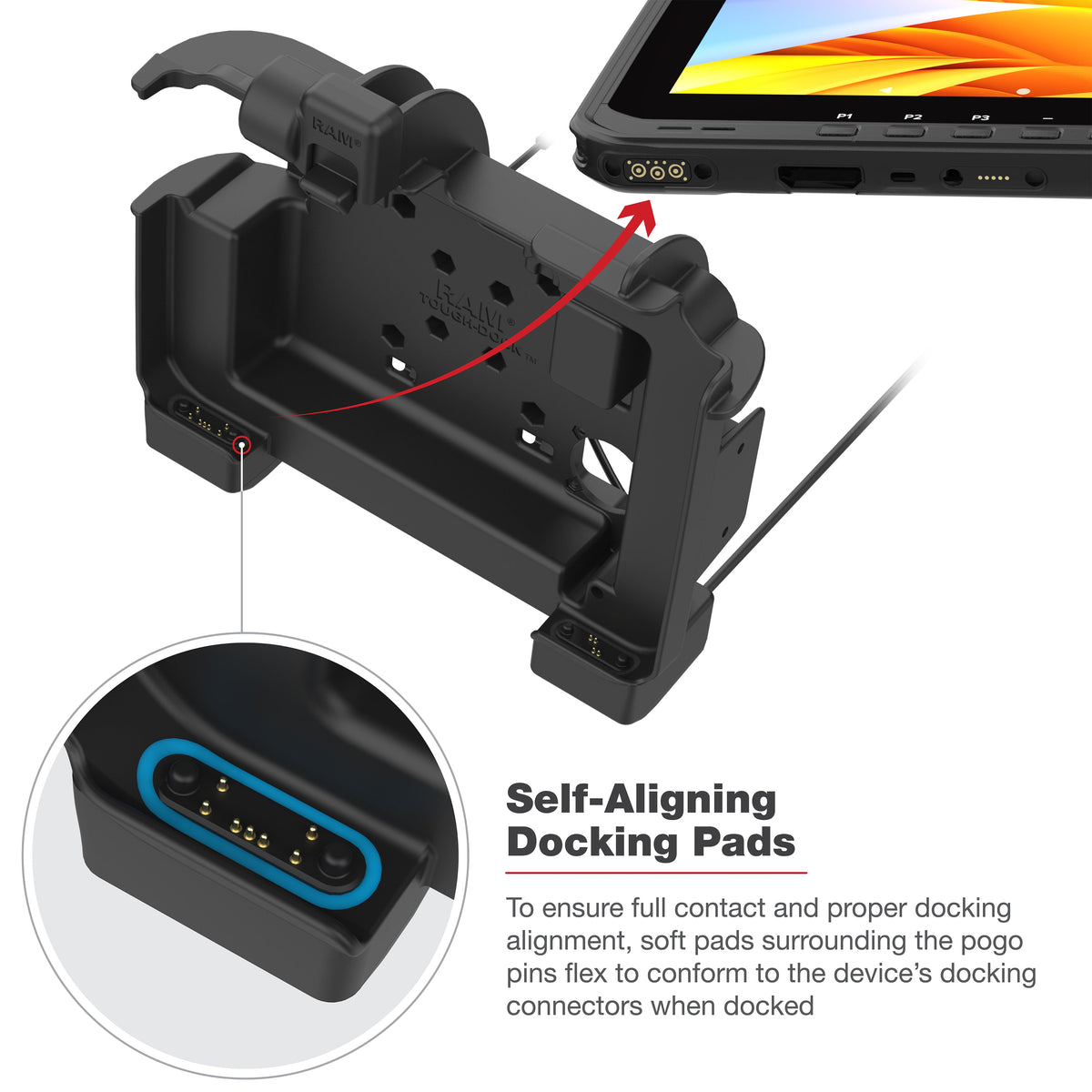 RAM Mounts Key-Locking Power + Dual USB-A Dock for Zebra ET60 and ET65 – another angle