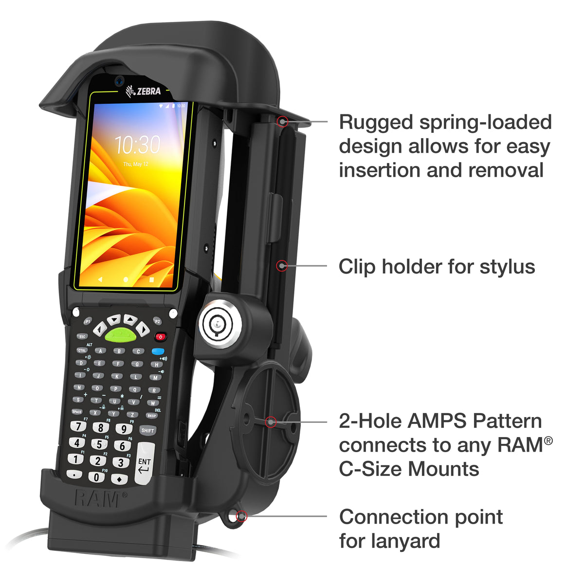 RAM Mounts key-locking powered dock with USB-A and heated pins for Zebra MC9400 and MC9300 – further product photo