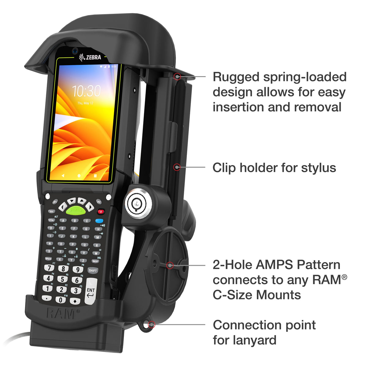 RAM Mounts key-locking powered dock for Zebra MC9400 and MC9300 – further product photo