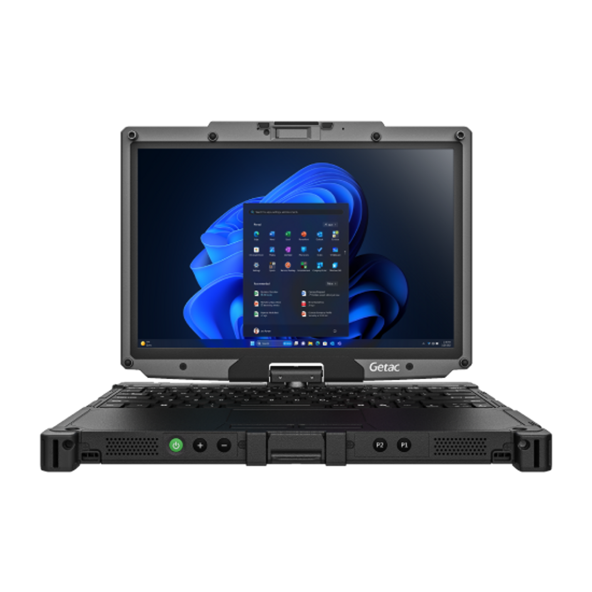 Getac V120 rugged 12.2-inch 2-in-1 laptop VV116YE3BDBA (Core Ultra 5, UK keyboard), front view in notebook mode