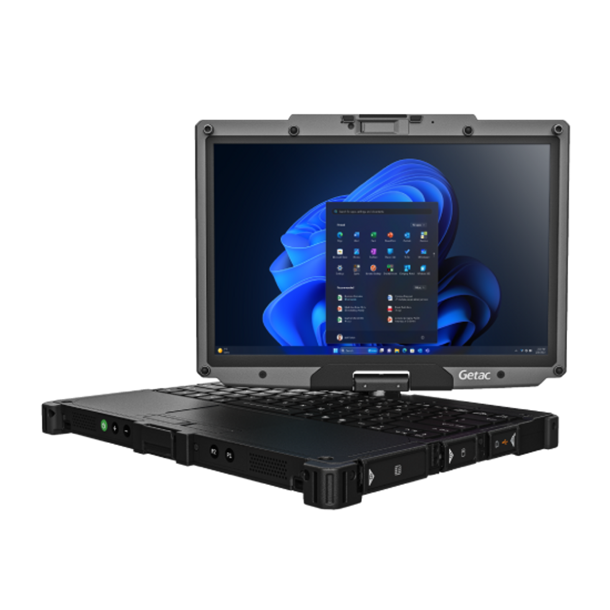 Getac V120 VV116YE3BDBA right three-quarter view with sealed port covers