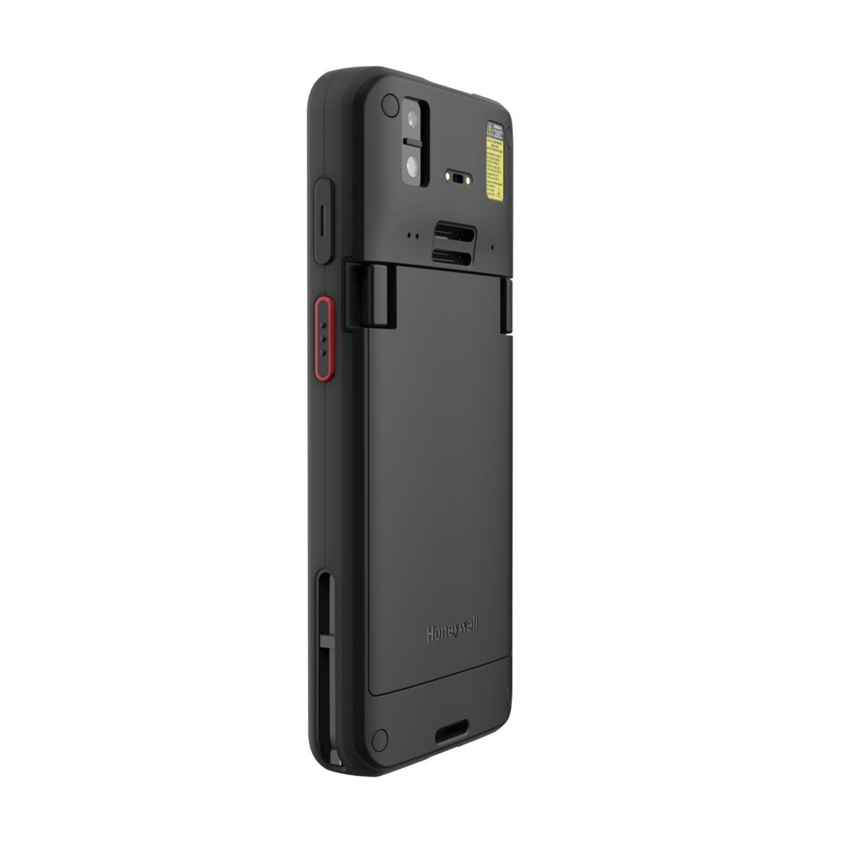 Honeywell CT70 6-inch all-touch Android mobile computer, black, FlexRange 2D imager, 5G + Wi-Fi, RFID, standard battery (CT70-X1R-058CS104G) – angled back view